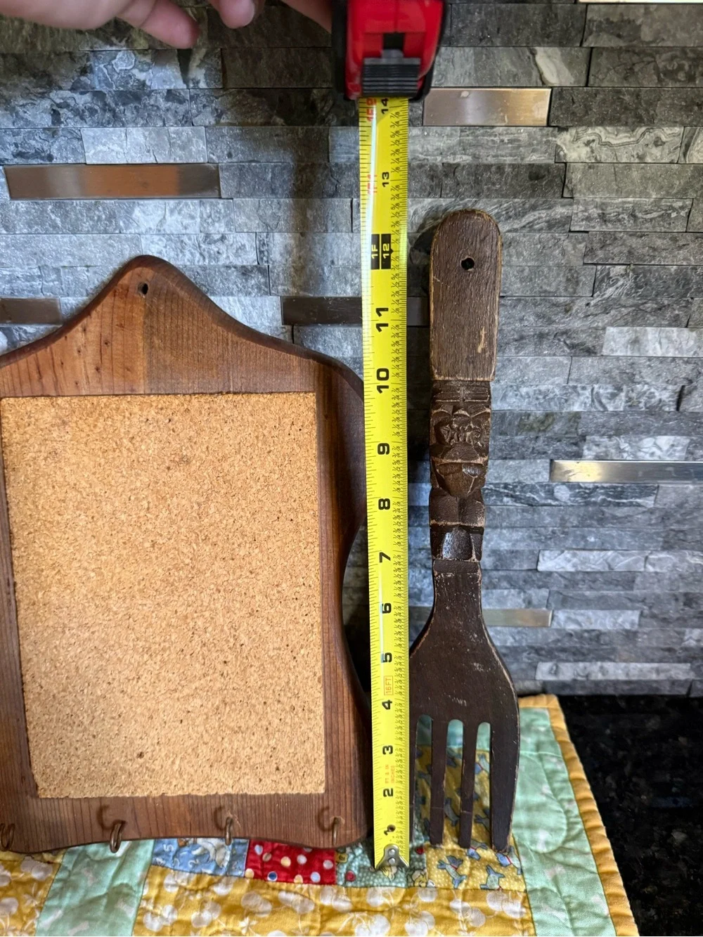 Vintage Granny Core Wall Art Wooden Utensils and Cork Board w Hooks Set